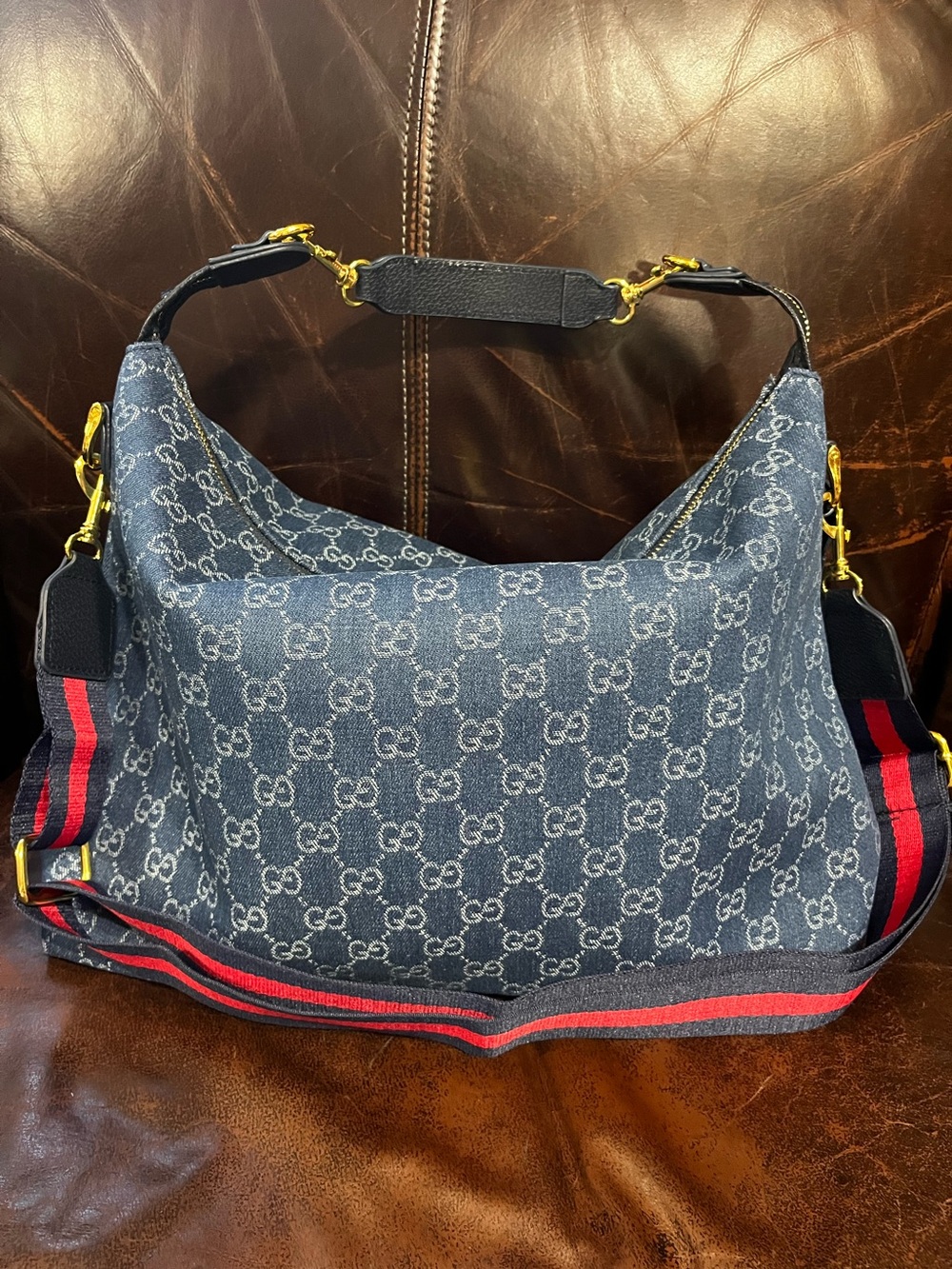 Double G Designer Denim Monogram Hobo Crossbody Bag Purse